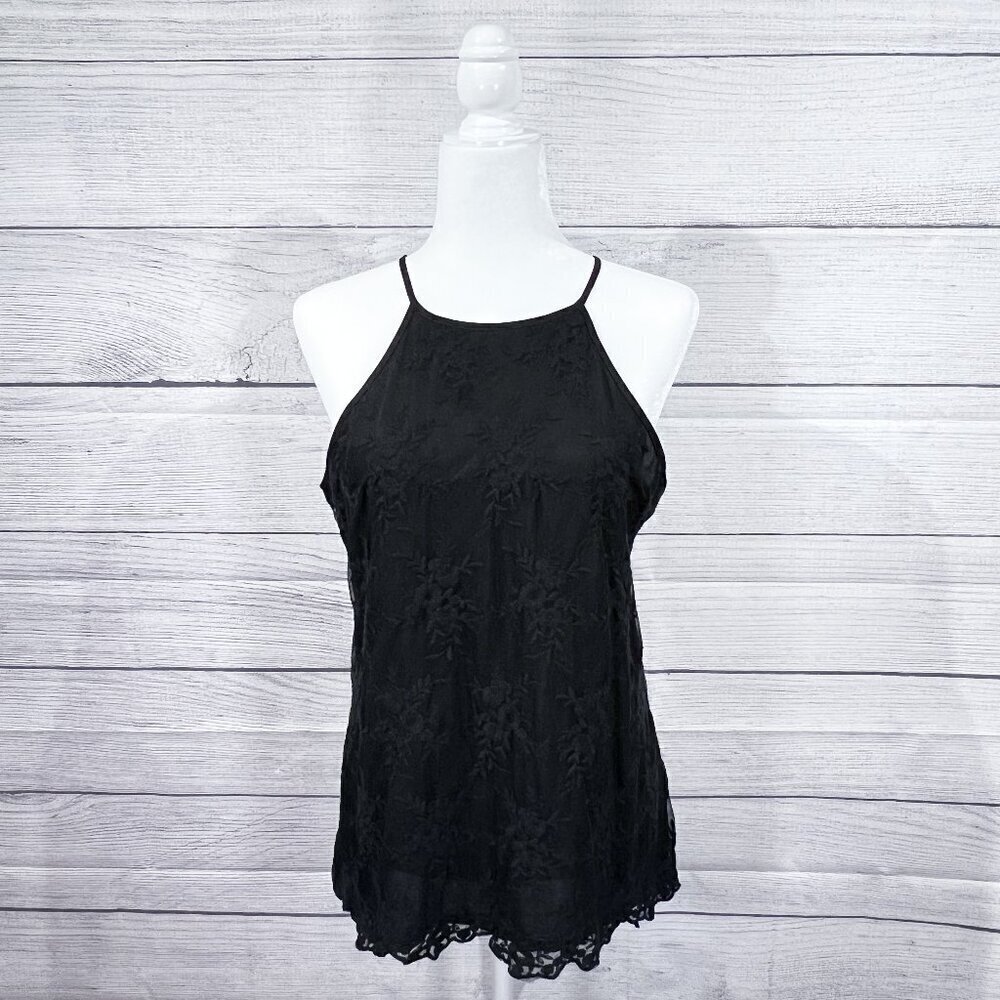 New York & Company Lace Tank | Black | Halter | Small | Round Neck | Women's